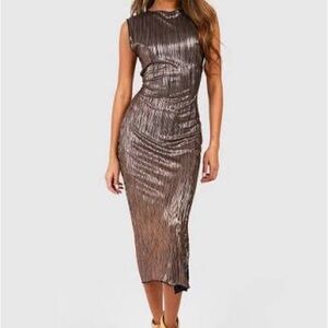 Boohoo Shimmering Silver Midi Dress. METALLIC PLISSE HIGH NECK MIDI DRESS